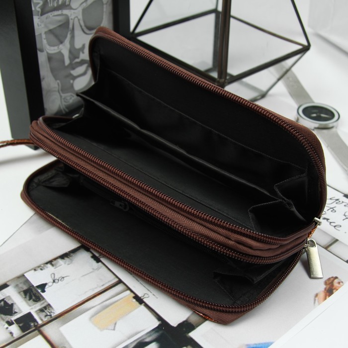 Кошелёк женский, 4 отдела на молниях, для карт, для монет, с ручкой, цвет кофе