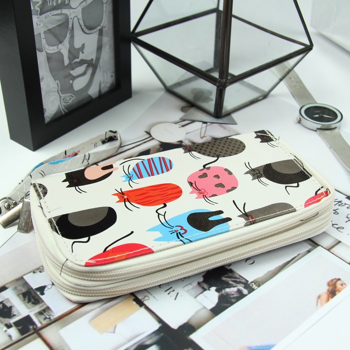 Кошелёк женский, 4 отдела на молниях, для карт, для монет, с ручкой, цвет белый