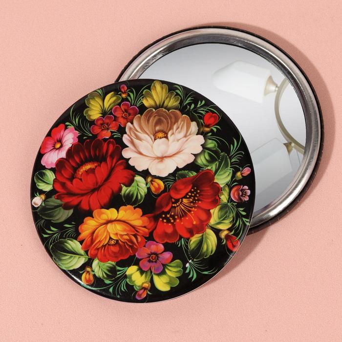 Зеркало компактное "Жостовская роспись", круглое, одностороннее, без увеличения, d=7,5см