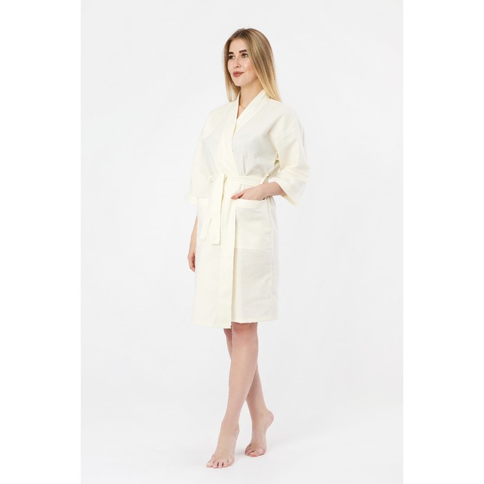 Халат вафельный женский "ЭкономьиЯ" рукав 3/4 цвет молочный р. 42-44, хлопок 100%, 200 г/м²