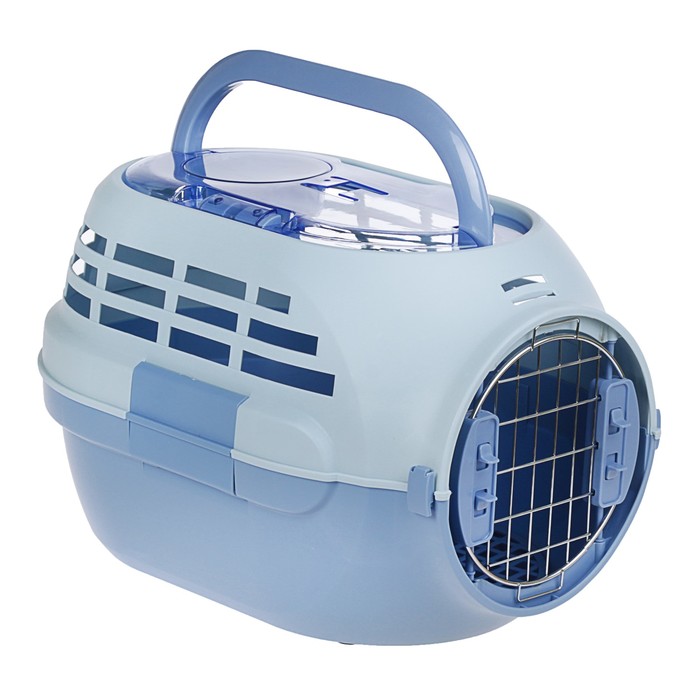 Переноска с металлической дверкой "Soft", до 6 кг, с решеткой, миской, голубая