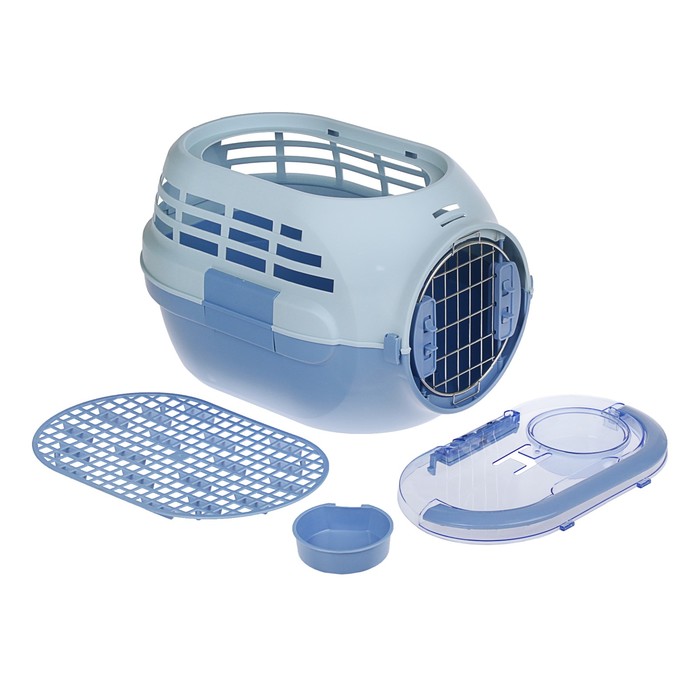 Переноска с металлической дверкой "Soft", до 6 кг, с решеткой, миской, голубая