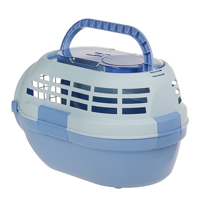 Переноска с металлической дверкой "Soft", до 6 кг, с решеткой, миской, голубая