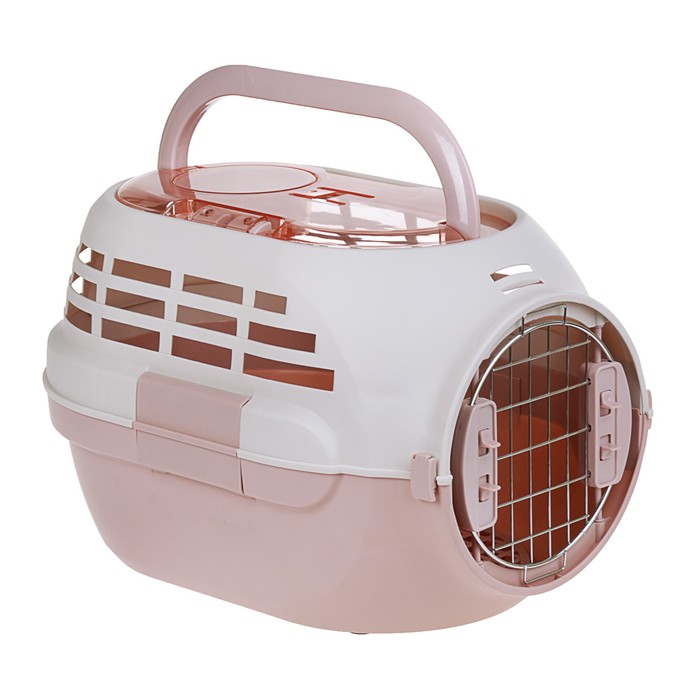 Переноска с металлической дверкой "Soft", до 6 кг, с решеткой, миской, коричневая