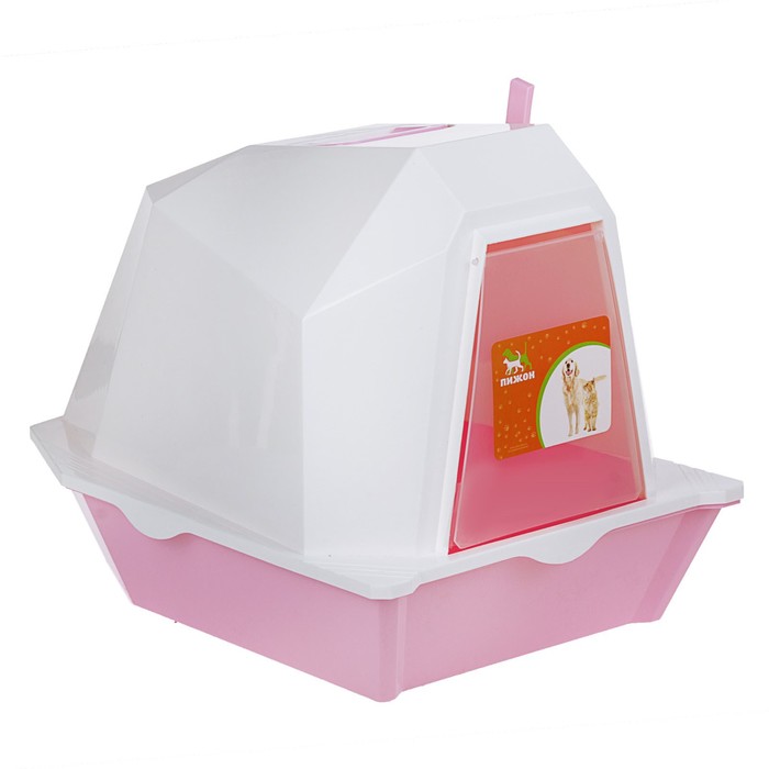 Туалет для кошек фигурный закрытый с совком, 54 х 37 х 40 см, бело-розовый