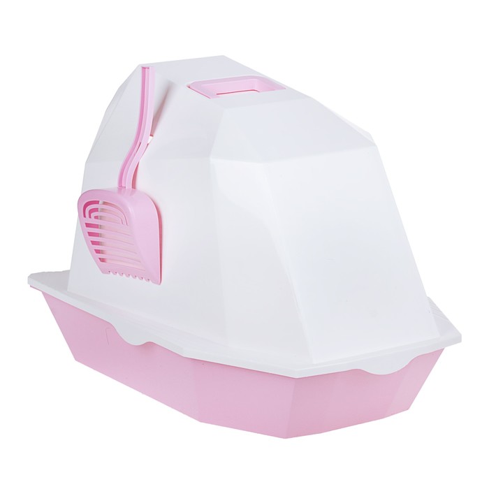 Туалет для кошек фигурный закрытый с совком, 54 х 37 х 40 см, бело-розовый