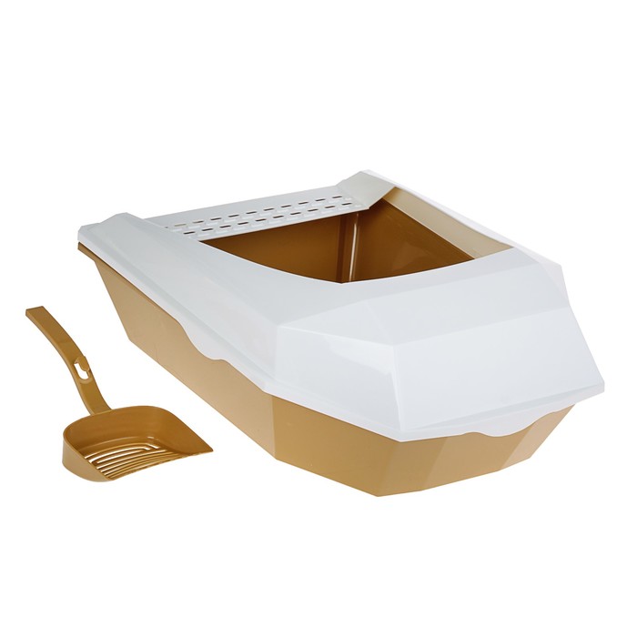 Туалет для кошек фигурный с бортом с совком, 54 х 38 х 20 см, бело-коричневый