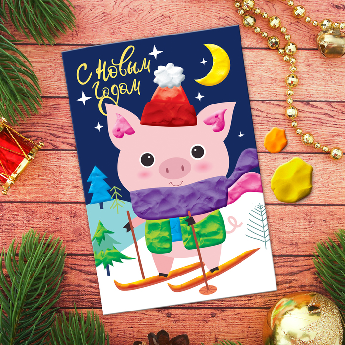 Аппликация пластилином "С Новым годом!" Хрюшка , 6 цветов пластилина по 7 гр