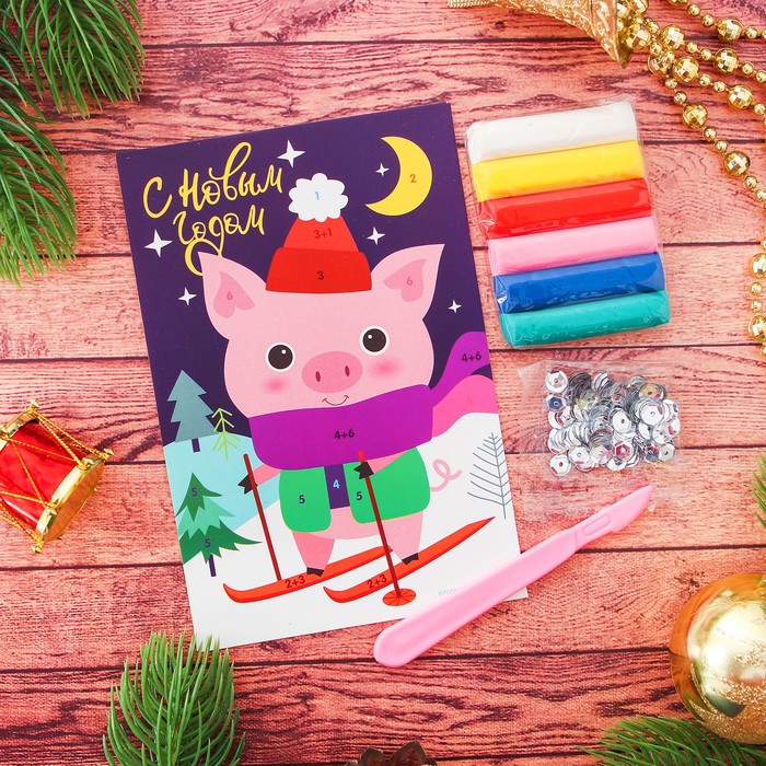Аппликация пластилином "С Новым годом!" Хрюшка , 6 цветов пластилина по 7 гр