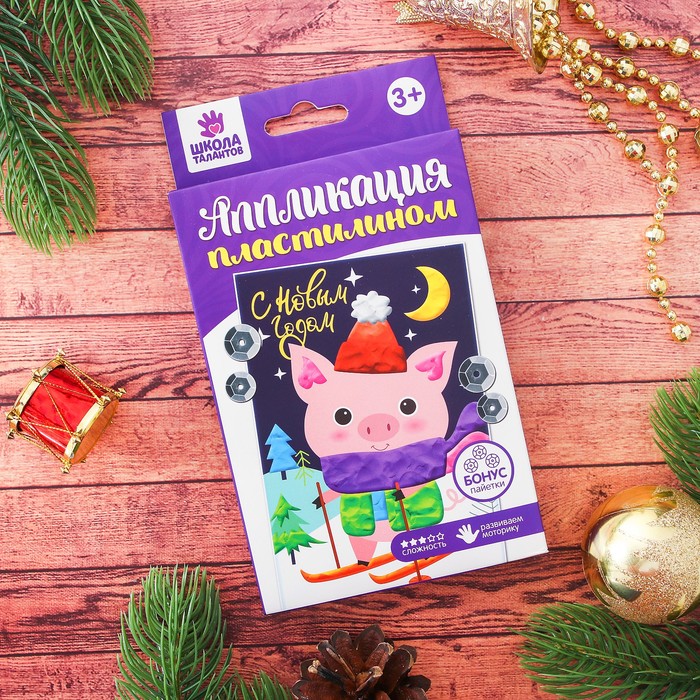 Аппликация пластилином "С Новым годом!" Хрюшка , 6 цветов пластилина по 7 гр