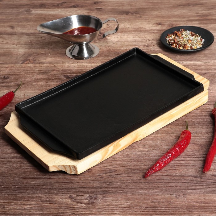 Сковорода 35х19х3 см "Прямоугольник", на деревянной подставке, с ручками