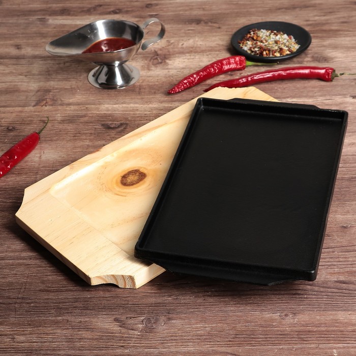 Сковорода 35х19х3 см "Прямоугольник", на деревянной подставке, с ручками