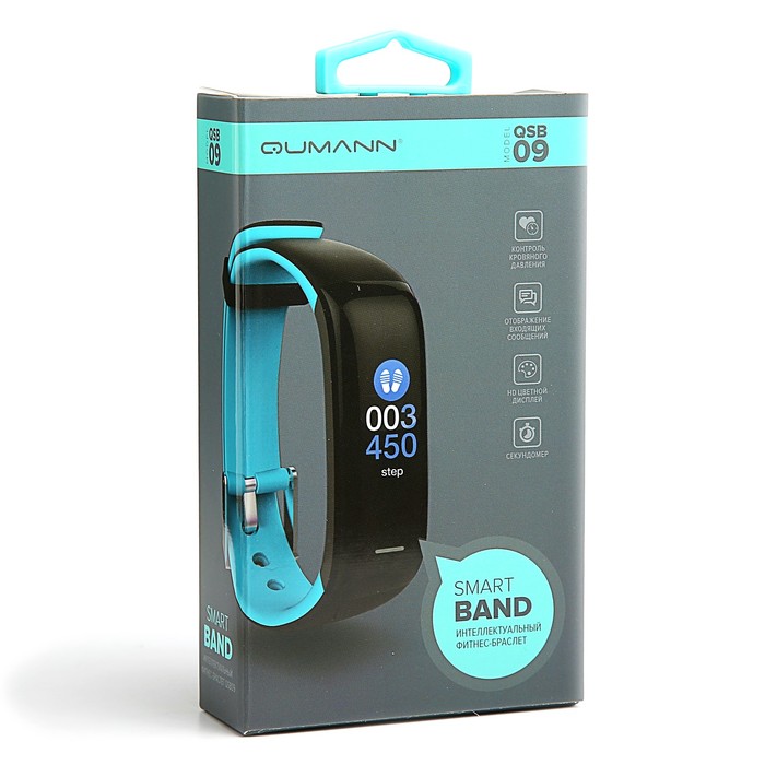 Фитнес-браслет Qumann QSB 09, цвет дисп, оповещения, будильник, шагомер, бело-синий