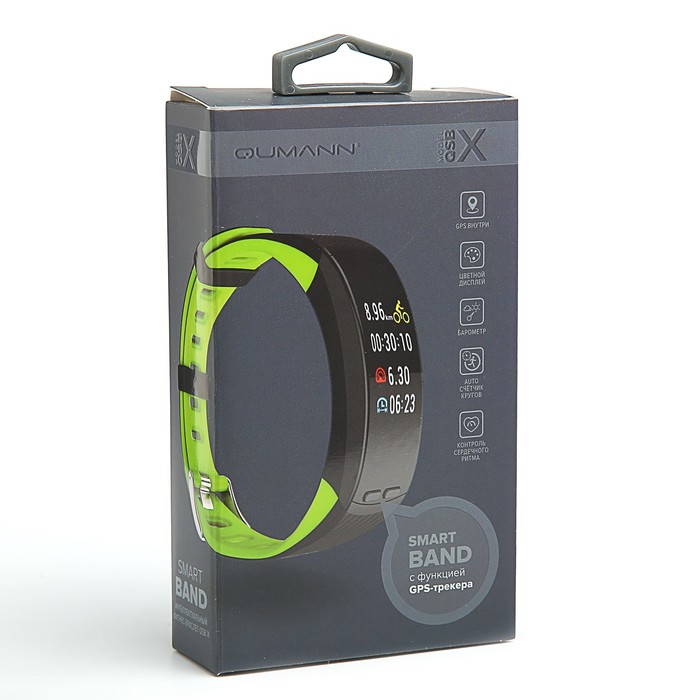 Фитнес-браслет Qumann QSB X, цвет дисп, оповещения, будильник, шагомер, черно-зеленый