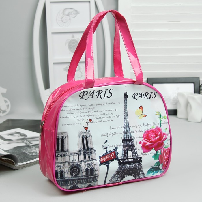 Косметичка-сумочка "Города", отдел на молнии, ручки, цвет малиновый