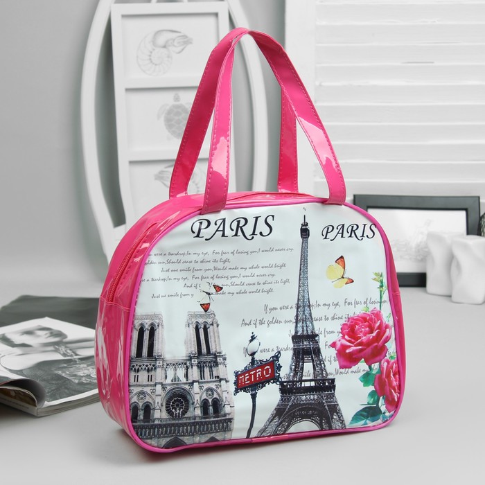 Косметичка-сумочка "Города", отдел на молнии, ручки, цвет малиновый