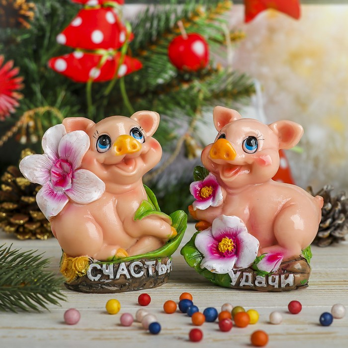 Копилка полистоун "Хрюшка с цветком" МИКС 10х8х6 см