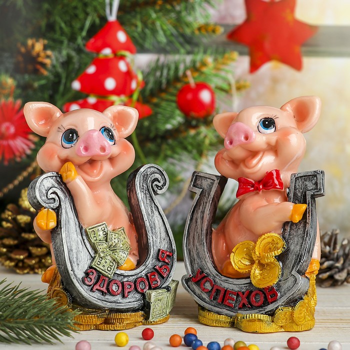 Копилка полистоун "Хрюшка в подкове" МИКС 13,5х9,5х8,5 см