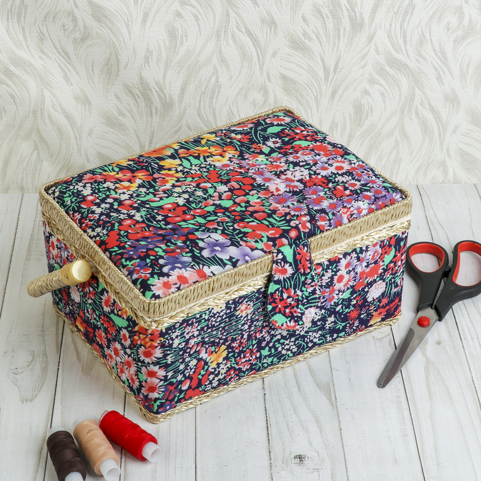 Шкатулка для рукоделия "Полевые цветы на чёрном" 12х24х18 см