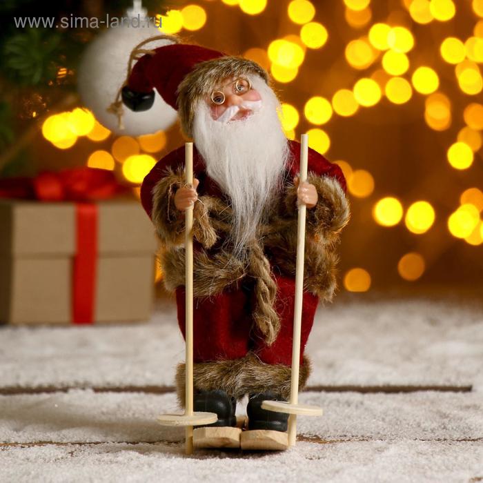 Дед Мороз На лыжах в бордовом костюме, 17 см