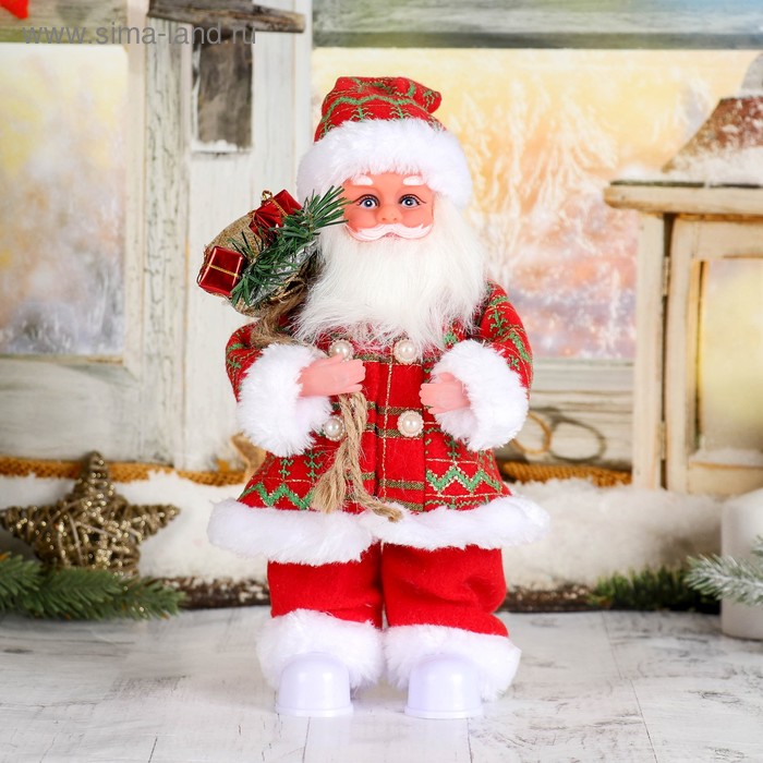Дед Мороз Клетчатый колпак с подарками двигается, с подсветкой, 28 см дед мороз в белой шубке с подарками двигается с подсветкой 43 см
