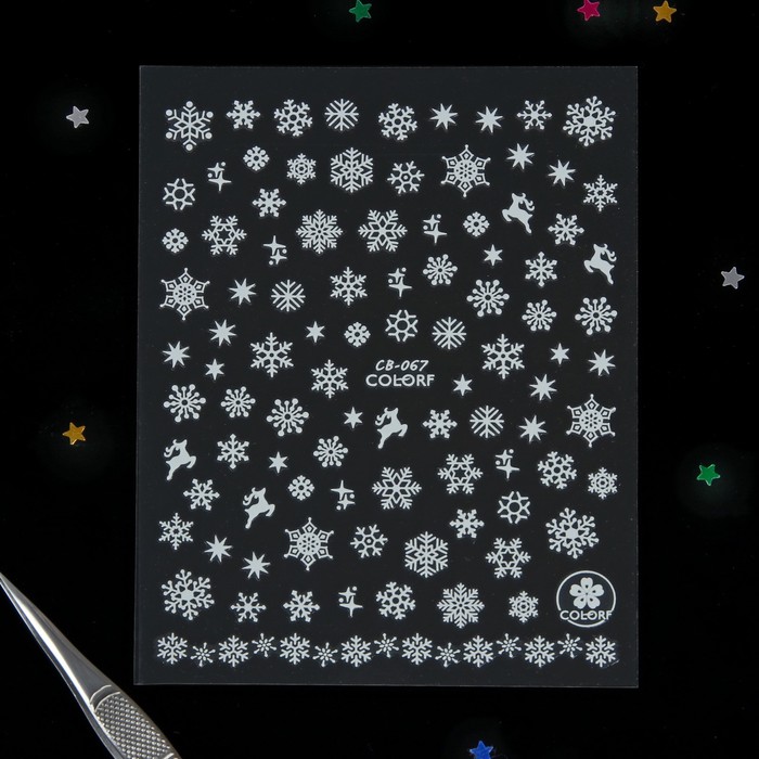 Наклейки для ногтей "Снежинки, олени", цвет белый