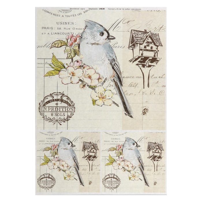 Декупажная карта "Птичий дом" плотность 45 г/м2, формат А4