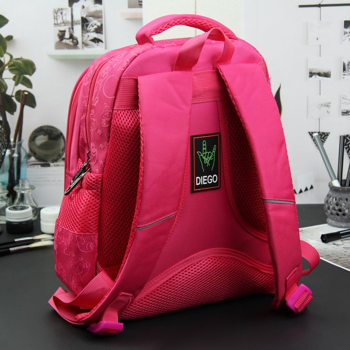 Рюкзак школьный "Мишки", 3 отдела на молнии, 2 боковые сетки, усиленная спинка, цвет малиновый