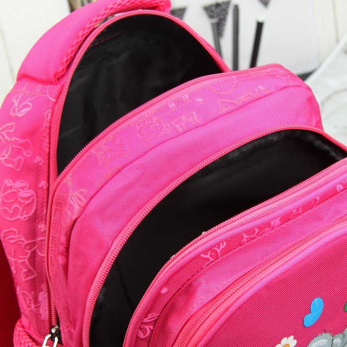 Рюкзак школьный "Мишки", 3 отдела на молнии, 2 боковые сетки, усиленная спинка, цвет малиновый