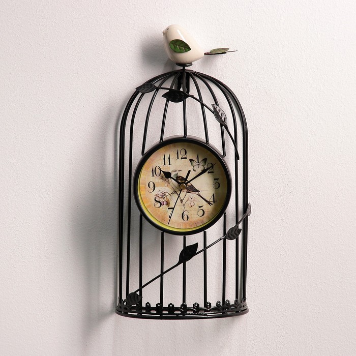 Часы настенные. Серия Лофт «Птичка в клетке», d=11.5 см, 1АА, чёрные, 18х18х35 см
