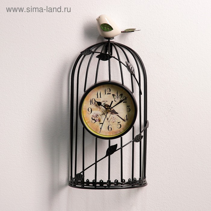 фото Часы настенные, серия: животный мир, "птичка в клетке", d=11.5 см, чёрные, 18х35 см