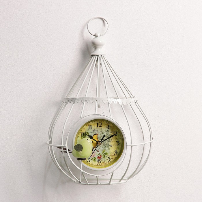 Часы настенные. Серия Лофт «Птичка в клетке», d=12 см, 1АА, белые, 13х26х33 см
