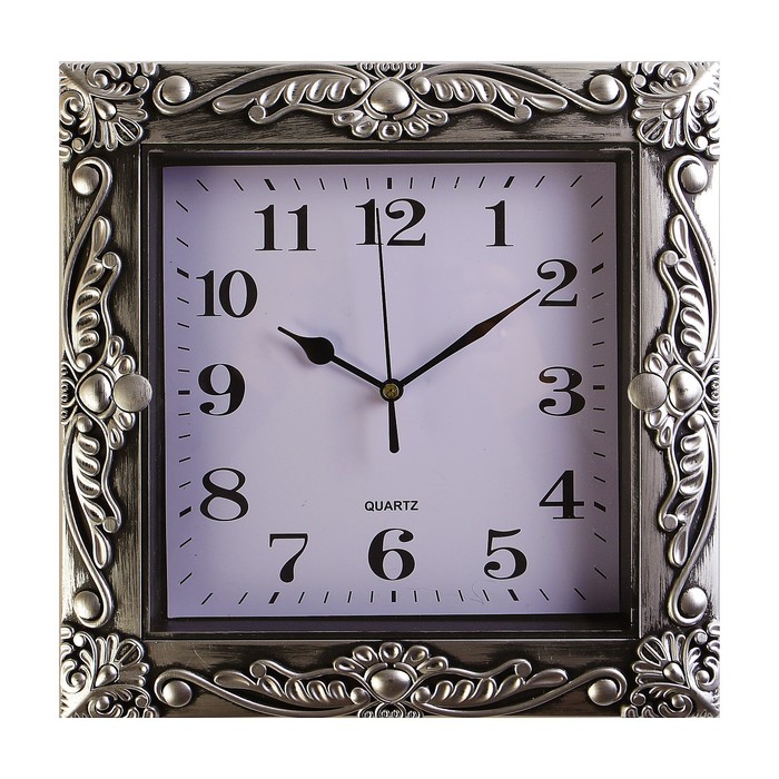 Часы настенные квадрат, рама объёмный орнамент, хромированные, 25х25 см