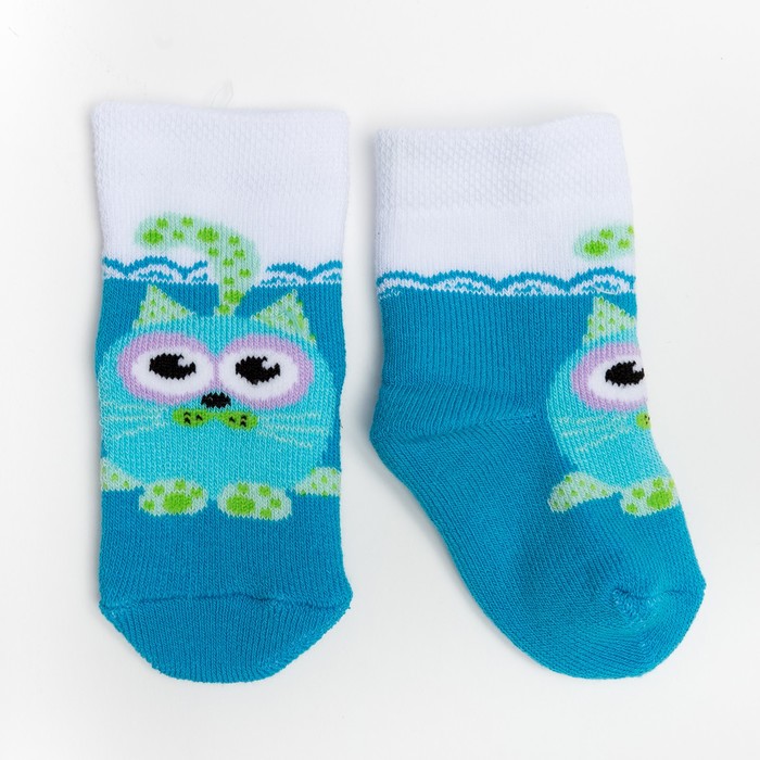 Носки детские плюшевые "Кот" цвет бирюзовый, размер 9-10