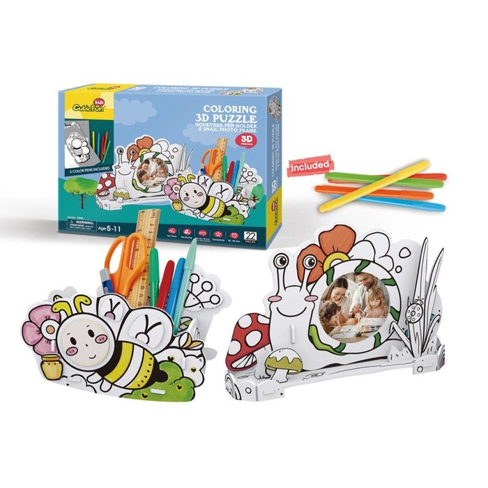 Пазл-раскраска "Пчела и улитка", 5 фломастеров в комплекте