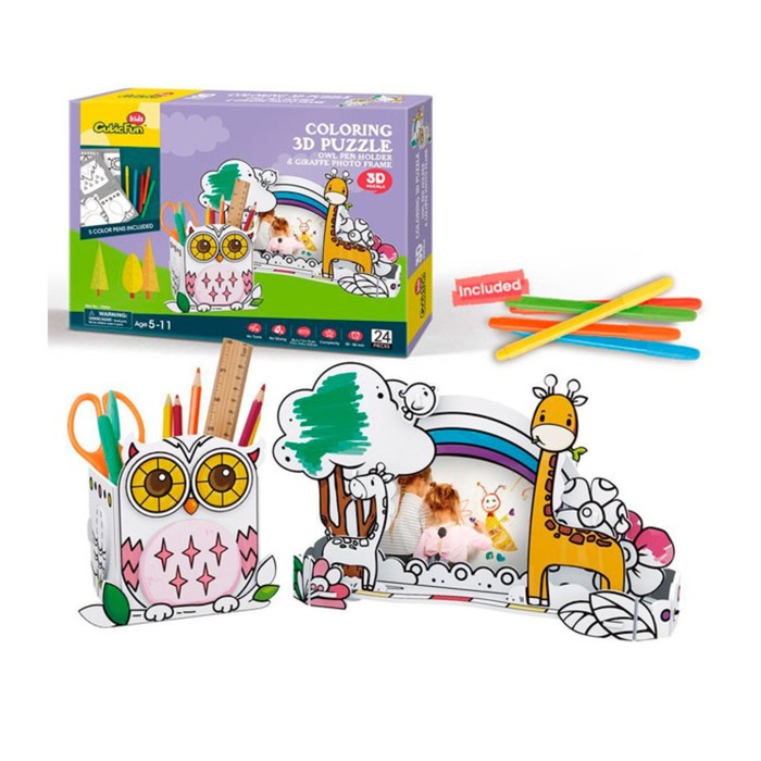 Пазл-раскраска "Сова и жираф", 5 фломастеров в комплекте