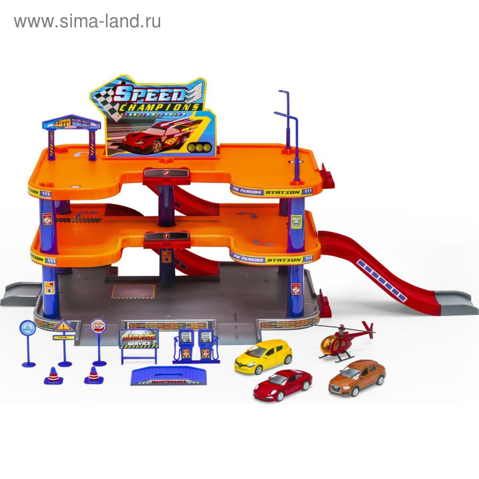Игровой набор «Гараж», 3 уровня, с тремя машинками и вертолётом