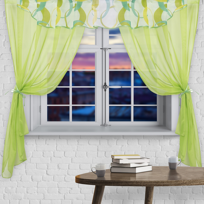 Штора для кухни "Юнона" со шторной лентой, 170 х 300 см-2шт, цвет зелёный, принт микс