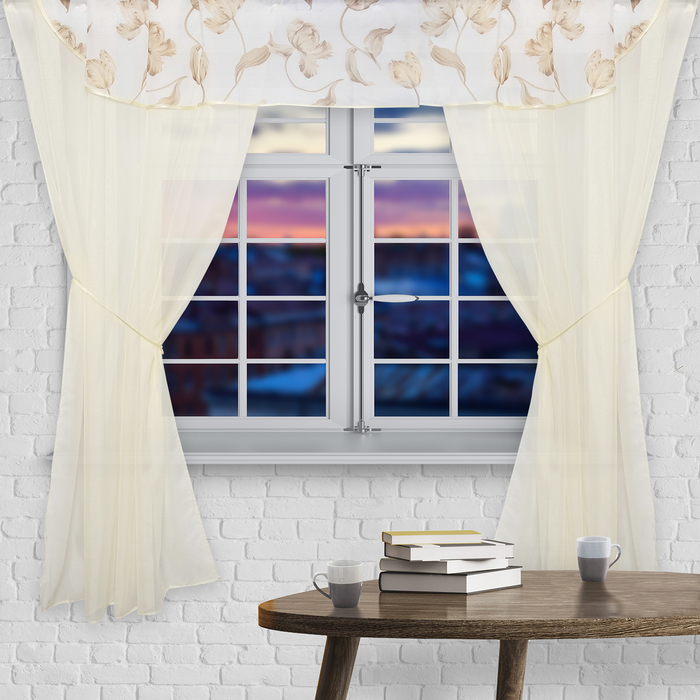 Штора для кухни "Юнона" со шторной лентой, 170 х 300 см-2шт, цвет бежевый, принт микс