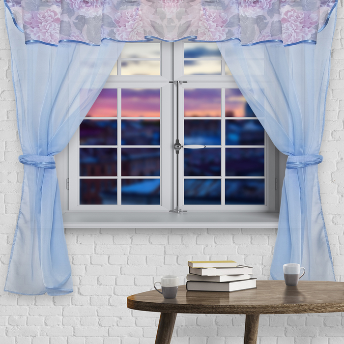 Штора для кухни "Домовёнок" со шторной лентой, 150 х 300 см, цвет голубой, принт микс