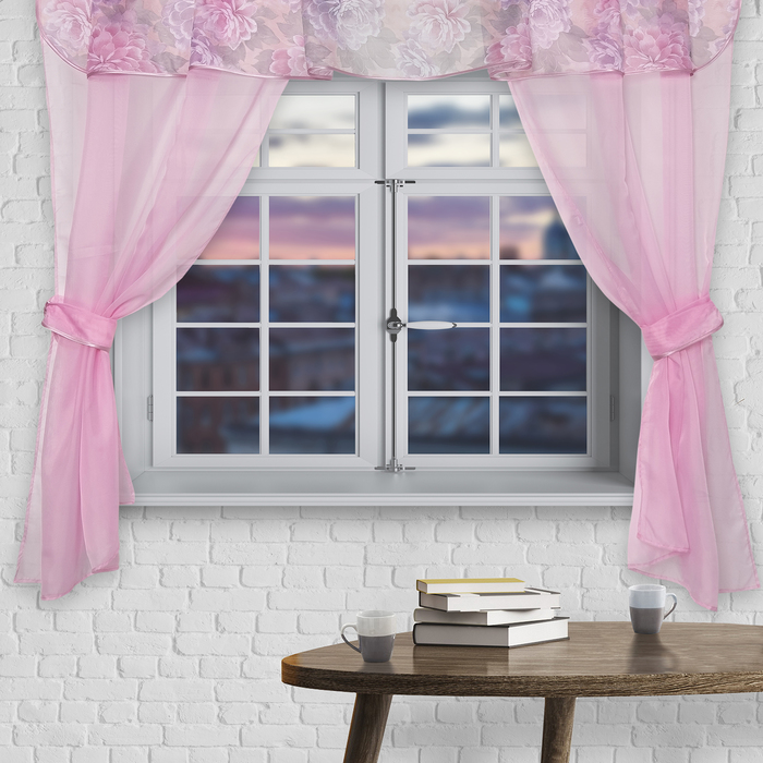 Штора для кухни "Домовёнок" со шторной лентой, 150 х 300 см, цвет розовый, принт микс