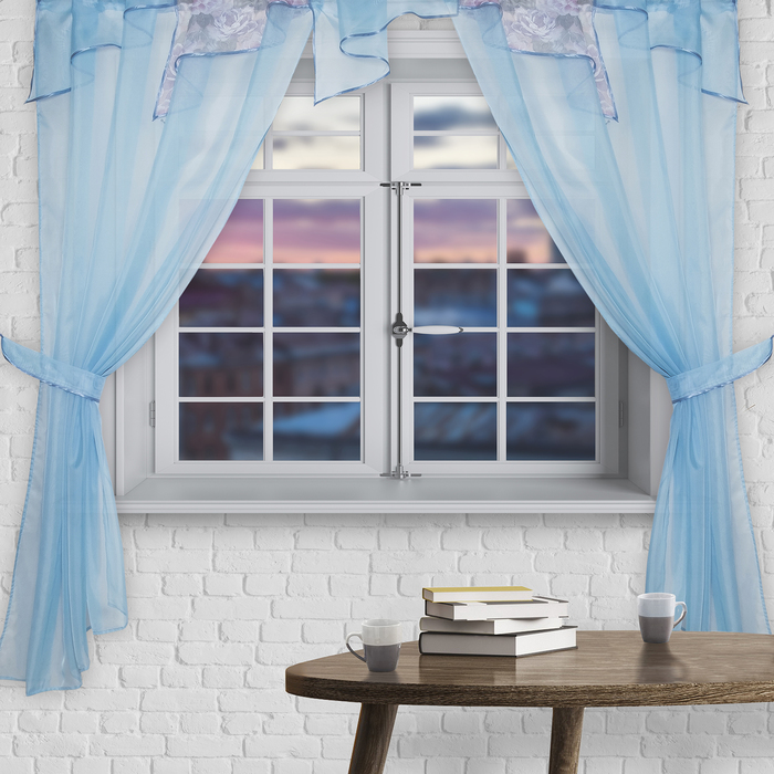 Штора для кухни "Муза" со шторной лентой, 180 х 300 см, цвет голубой МИКС