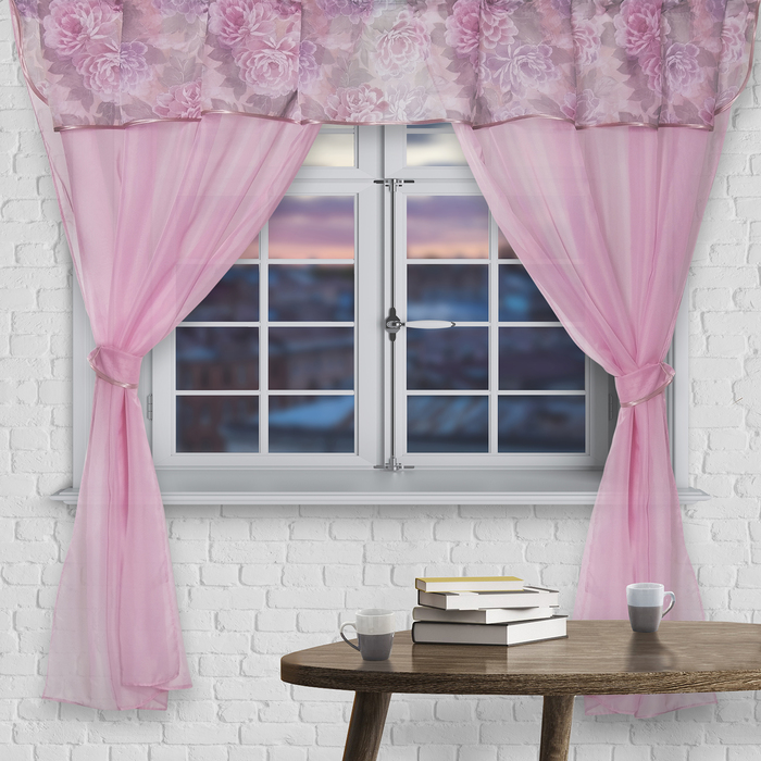 Штора для кухни "Диана" со шторной лентой, 170 х 300 см, цвет розовый, принт микс