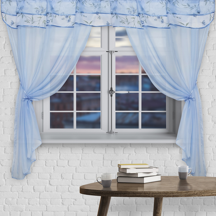 Штора для кухни "Мария", 150 х 180 см,2шт, ламбрекен 250х35 см,голубой, принт микс