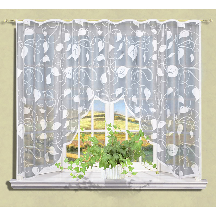 Штора для кухни Листья 170х300 см цв.белый, шторная лента, пэ 100%