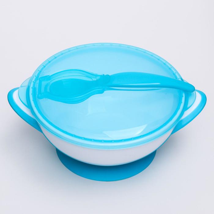 Тарелочка Baby Ono с присоской, крышкой и ложечкой, голубая
