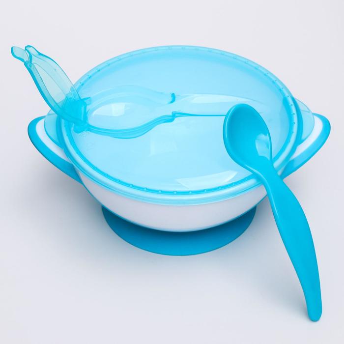 Тарелочка Baby Ono с присоской, крышкой и ложечкой, голубая