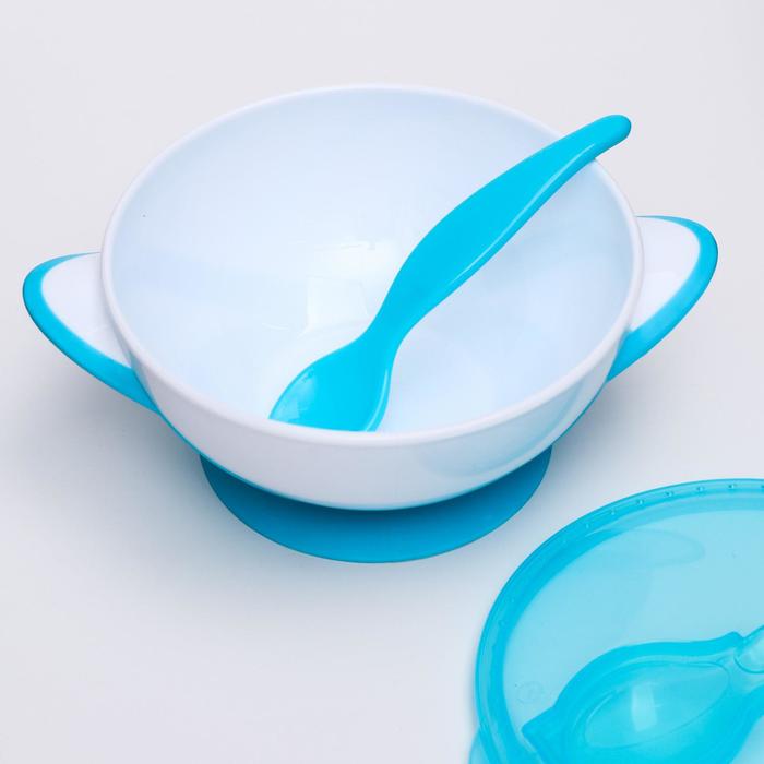 Тарелочка Baby Ono с присоской, крышкой и ложечкой, голубая