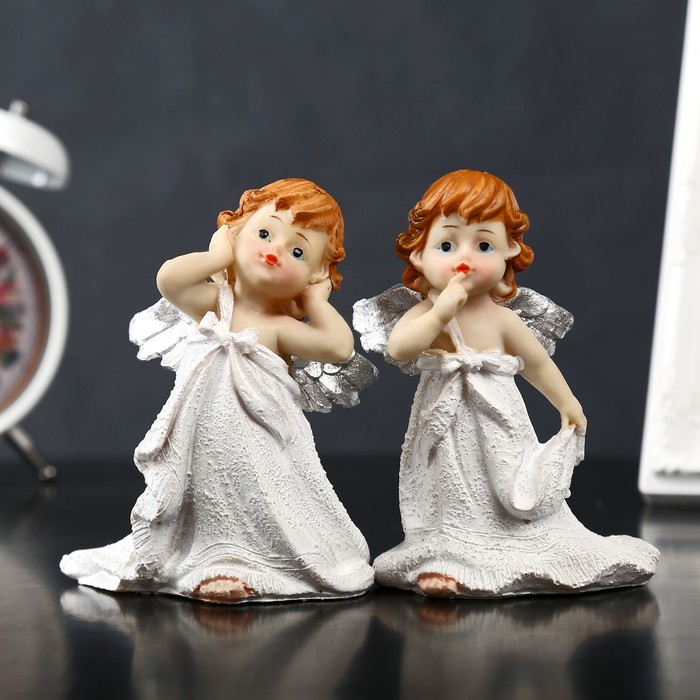 Сувенир полистоун "Ангелочек с серебристыми крыльями - тишина" МИКС 11,5х9,5х6,5 см