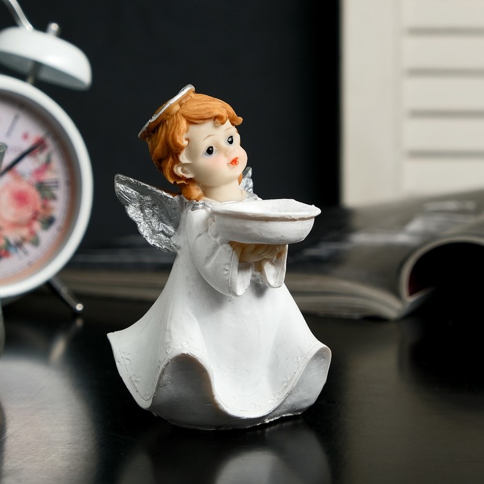 Сувенир полистоун подсвечник "Ангелочек с серебристыми крыльями" 12,6х8х8 см